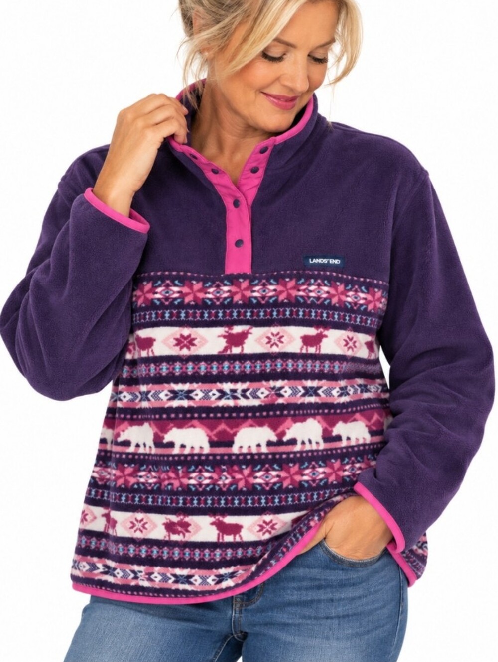 Lands’ End Women’s XL Purple Fleece Fair Isle Reindeer Snap Pullover